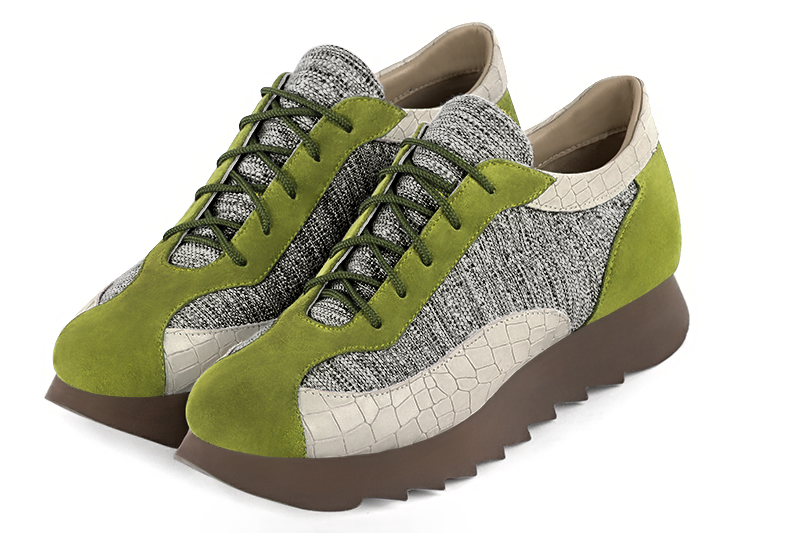 Pistachio green, ash grey and off white women's three-tone elegant sneakers. Round toe. Low rubber soles. Front view - Florence KOOIJMAN